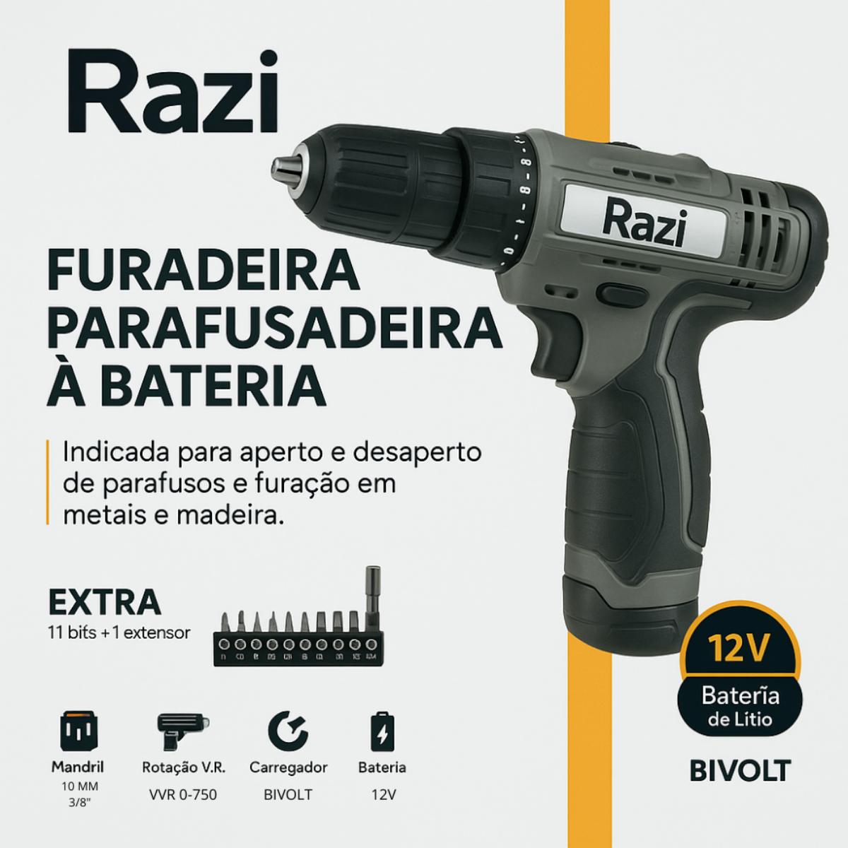 Parafusadeira 12V Razi + Kit 148 Peças Us...
