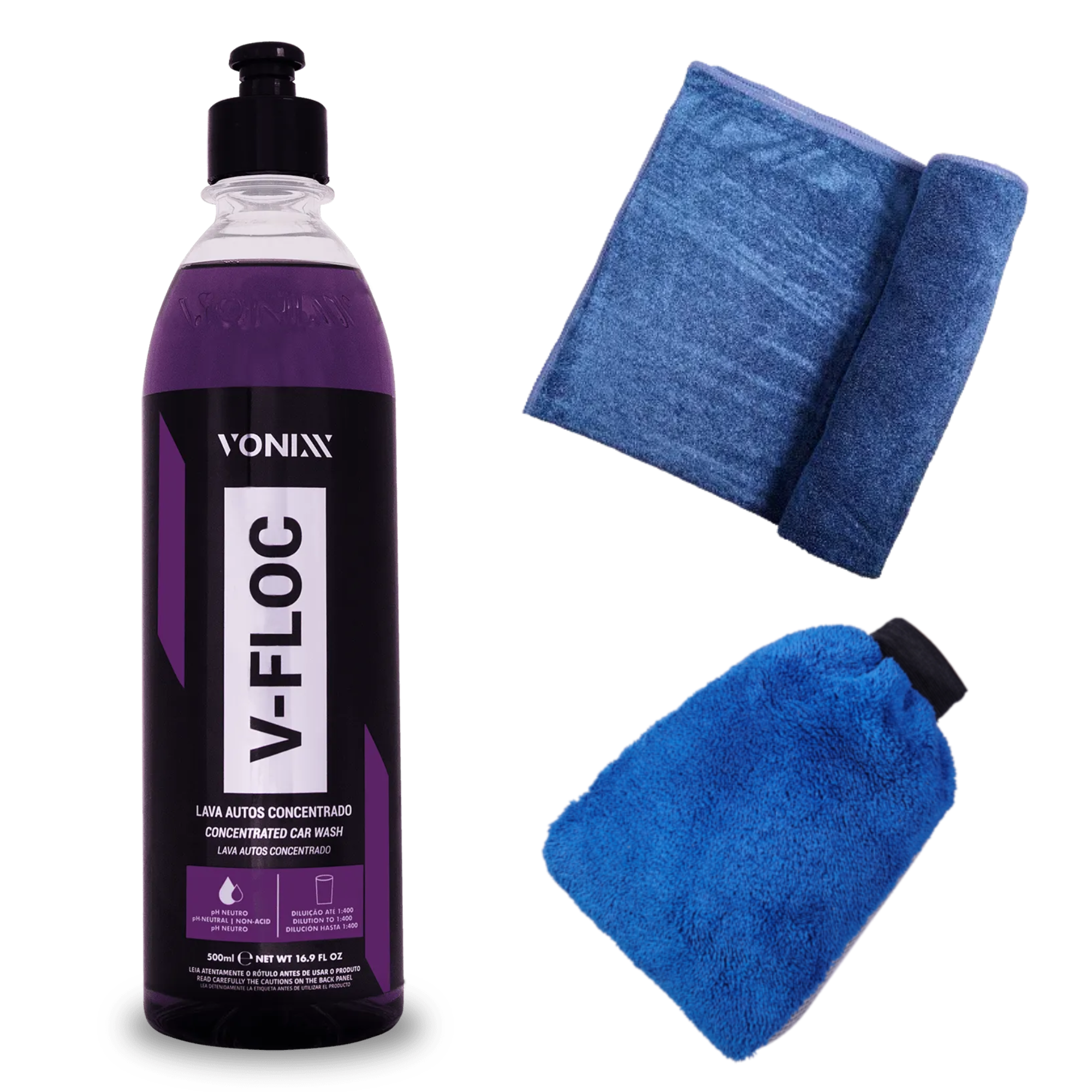 KIT V-FLOC, TOALHA SECAGEM, LUVA MICROFIBRA