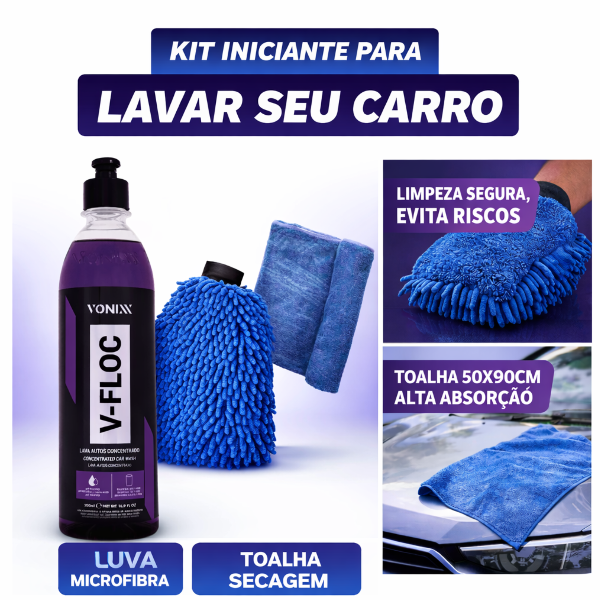KIT V-FLOC, TOALHA SECAGEM, LUVA MICROFIBRA